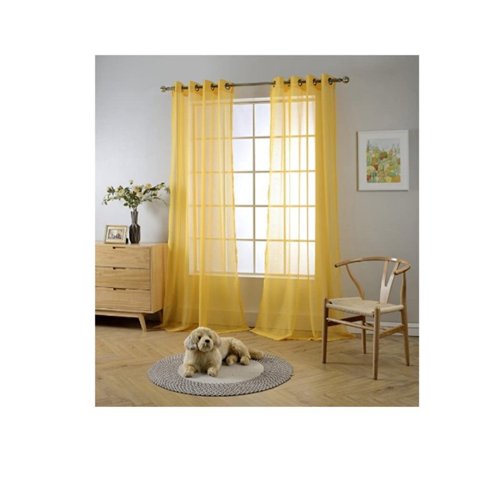 Miuco Yellow Textured Sheer Curtain Set (2 Panels)